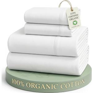 LANE LINEN Eco Friendly 100% Organic Cotton Queen Sheet Set, Soft & Comfy Fully Elasticized 15" Deep Pocket Bed Sheets, Low Pill Naturally Cooling Machine Wash Sábanas Queen- White Bed Sheets