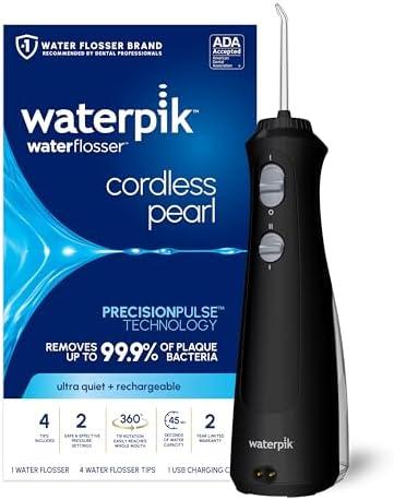 Waterpik Cordless Pearl Rechargeable Portable Water Flosser for Teeth, Gums, Braces Care and Travel with 4 Flossing Tips - ADA Accepted, WF-13 Black, Packaging May Vary