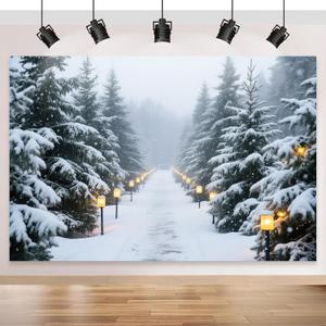 Winter Backdrop 75FT, Winter Wonderland Backdrop, White Snowy Forest Christmas Pine Tree Photography Background, Snowflake Landscape Holiday Photoshoot Props for Party Decorations