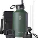 Half Gallon Water Bottle Insulated with Straw & 3 Lids, Coolflask 64 oz Water Jug Large Metal Stainless Steel Wide Mouth for Sports, Gym or Office, Non-BPA Keep Cold 48H Hot 24H, Dark Green