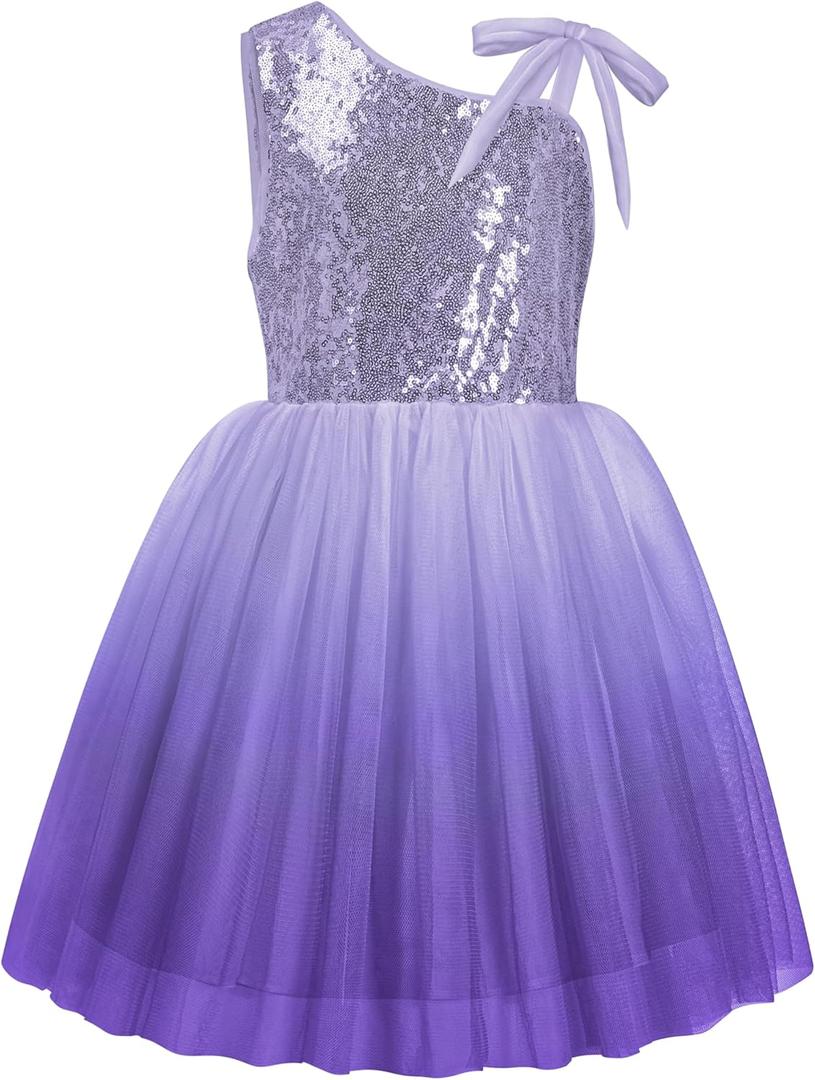 LQSZ Sequin Dress for Girls,Tutu One Shoulder Summer Dresses,Sparkly Dress for 3-12 Years (Purple, S)