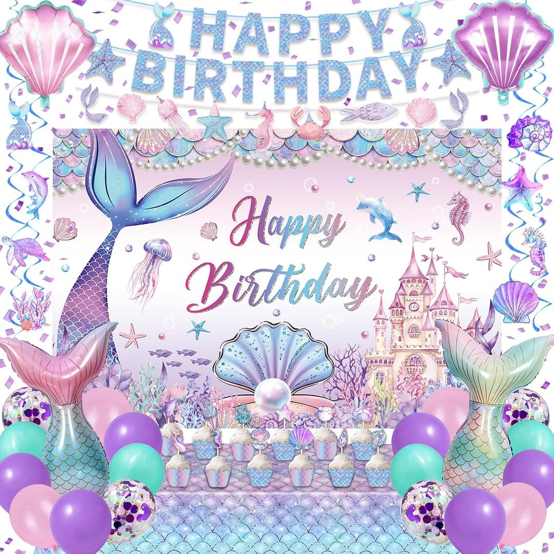 Mermaid Birthday Decorations, Mermaid Party Decorations, Balloons Cake Topper Tablecloth Banner Backdrop Party Decor Supplies, Mermaid Theme Birthday Decorations for Girls Under the Sea Happy Bday