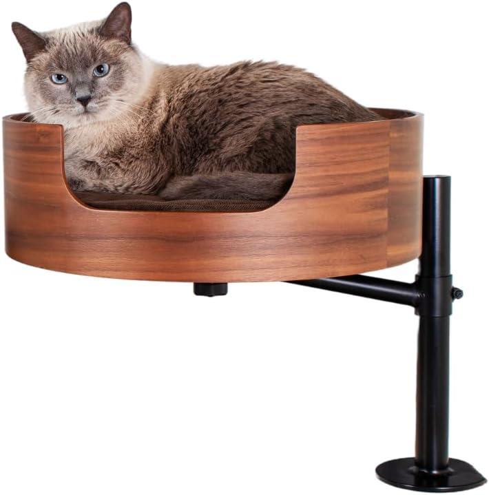 Desk Nest Cat Desk Bed  Space-Saving, Elevated Bed for Cats  Keeps Desks Clear, 360 Adjustable, Supports 25 lbs  Secure, Stylish and Durable  Perfect for Home Office  Walnut Wood Finish