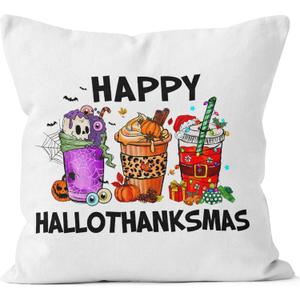 Halloween Thanksgiving Christmas Pillow Covers 18x18, Christmas Coffee Bar Decor, Spooky Skull Pumpkin Coffee Holiday Xmas Decorative Throw Pillow Covers for Bedroom Living Room Home