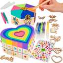 GirlZone Jewelry & Treasure Box, DIY Jewelry Box, DIY Craft for Kids Include Wooden Boxes, Shapes, Acrylic Paint Pens, Gem Stickers & Table Cover, Ideal Painting Crafts for Girls, Valentine Gifts