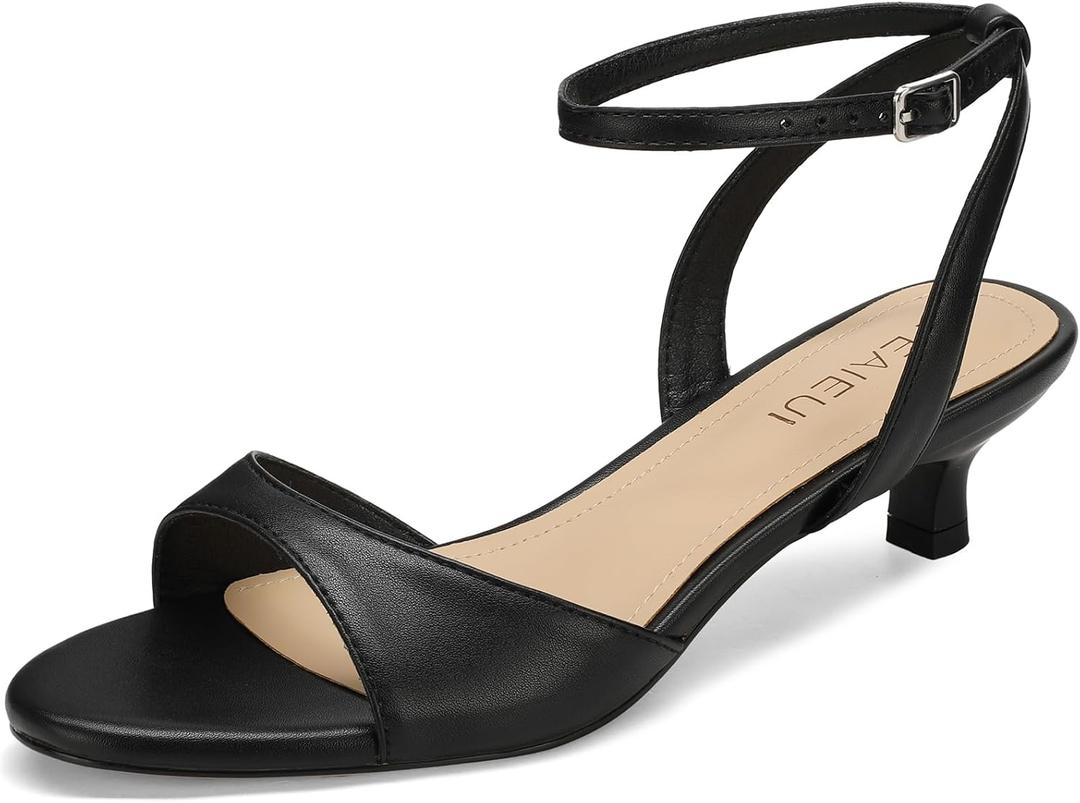 TEAIEUI Women's Sandals Kitten Heels Low Strappy Heels Open Toe Ankle Strap Sandals for Women Party Wedding Dress Shoes (Black, L) 10