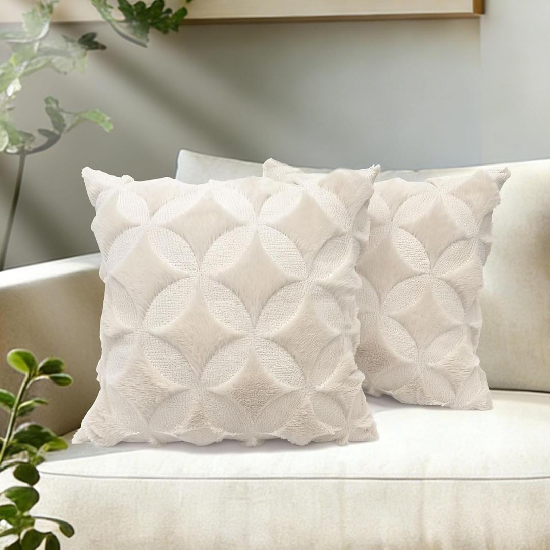Throw Pillow Covers 18x18 Set of 2, Modern Farmhouse Decorative Soft Plush Faux Wool Boho Pillow Covers Room Decor, Beige