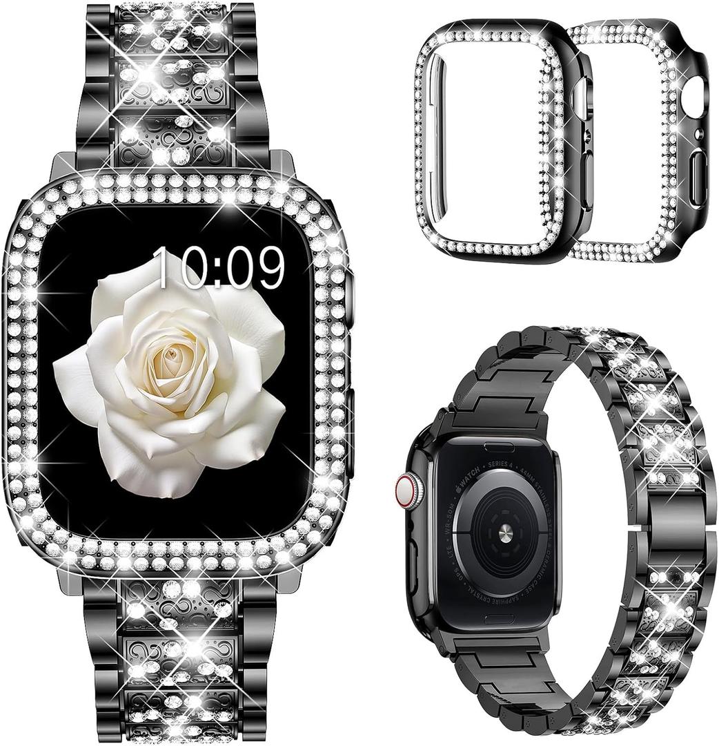 Mosonio Compatible with Apple Watch Band 38mm 40mm 41mm 42mm 44mm 45mm 46mm 49mm with 2 Pack Case Women, Jewelry Replacement Metal Bands Strap with Bling PC Protective Case for iWatch Ultra SE Series 10/9/8/7/6/5/4/3/2/1 (Black)