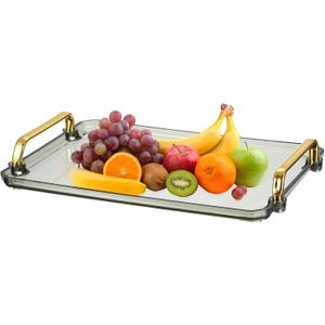 Uxcell Plastic Serving Tray with Golden Handle, 12 x 8.6 Modern Rectangular Decorative Tray Acrylic Reusable Tea Platter for Countertop Bathroom Kitchen Home Restaurant, Clear Green