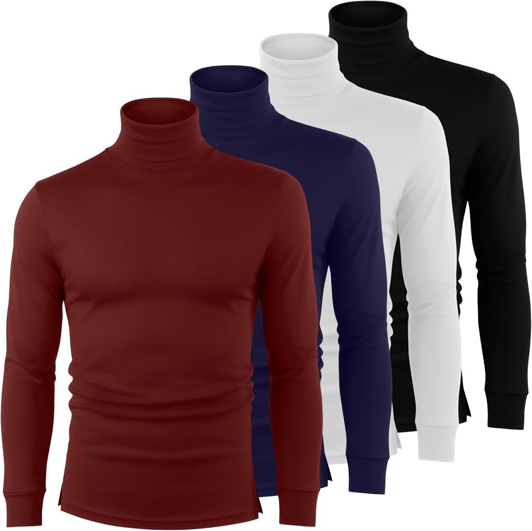 4 Pack Men's Turtleneck Long Sleeve with Cuffs, Thermal Basic Tops Undershirt Pullover (X-Large, Red, Navy Blue, White, Black)