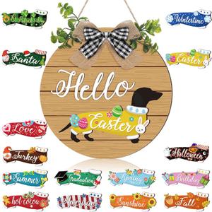 Glenmal 16 Pcs Interchangeable Seasonal Dachshund Welcome Sign Rustic Dog Front Door Wreaths Detachable Holiday Hanging Decor for Spring Easter St. Patrick's Day All Seasons (Classic Style)