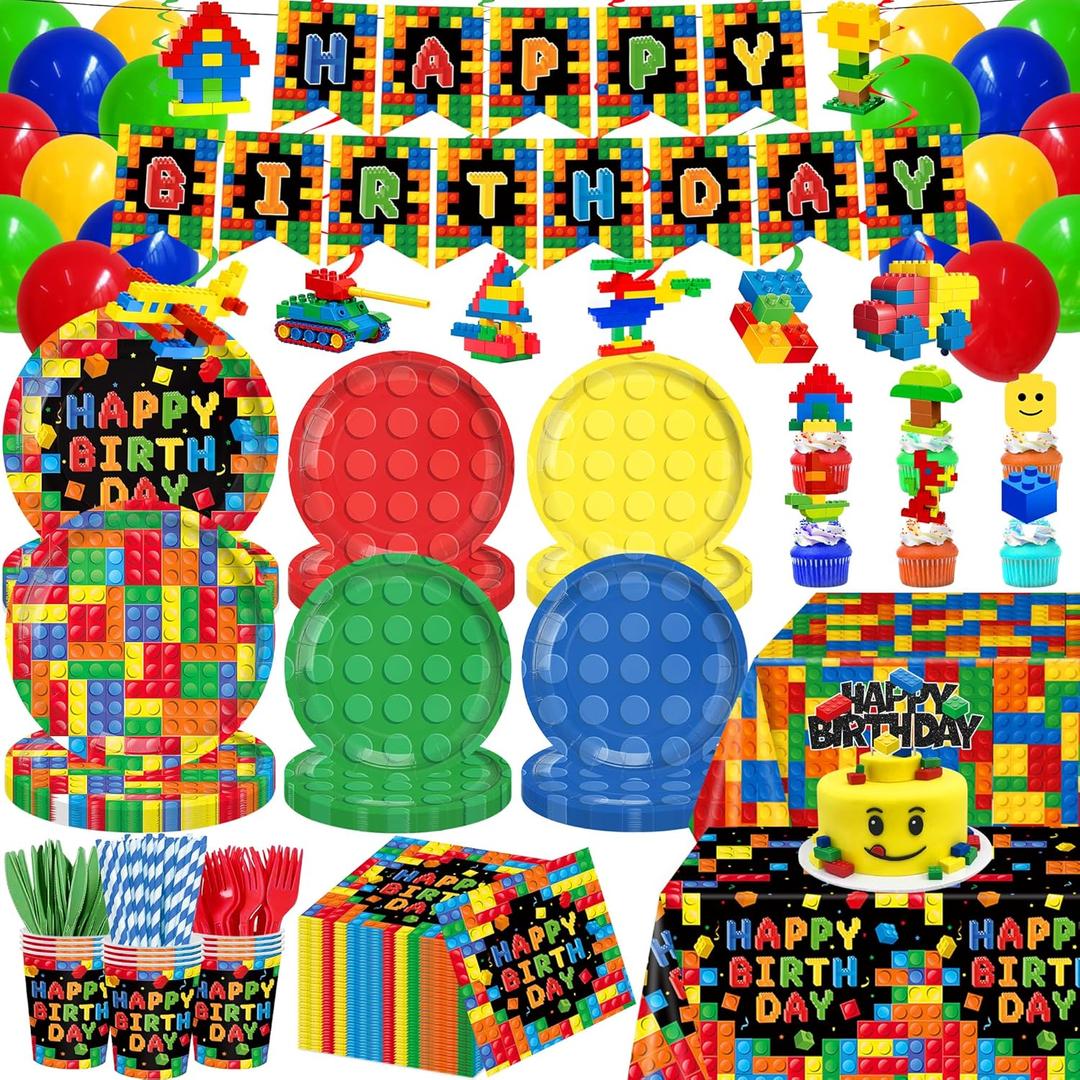 206PCS Building Block Birthday Party Supplies, Plates, Napkins, Cups, Cutlery, Cake & Cupcake Toppers, Banner, Hanging Swirls, Tablecloth, Balloons for Boys Birthday Party Decorations Serve 24 Guests