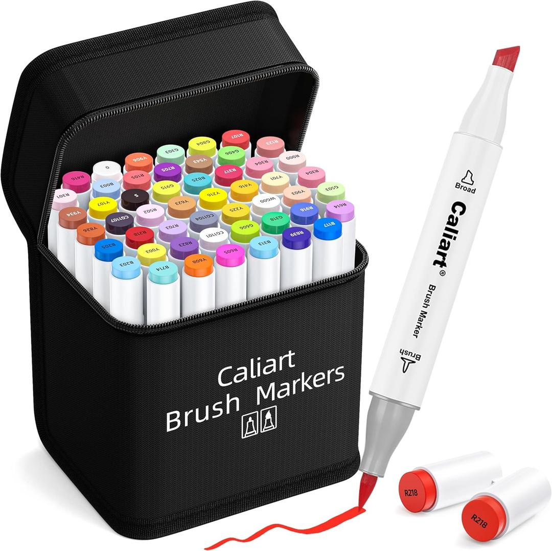 Caliart Alcohol Markers Brush Tip, 51 Colors Dual Tip Coloring Marker Pen Set Brush & Chisel, Art Supplies Kit Gift for Adults Coloring Book Artists Sketch Drawing Illustration