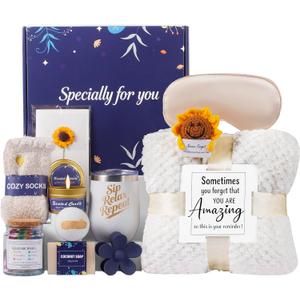 Sunflower Spa Gift Baskets for Women - Mothers Day,Get Well Soon,Self Care,Relaxing Package,Sympathy, Inspirational 11pcs Spa Sets w/Blanket Luxury Gifts for Mom Her Wife Friends Birthday Anniversary