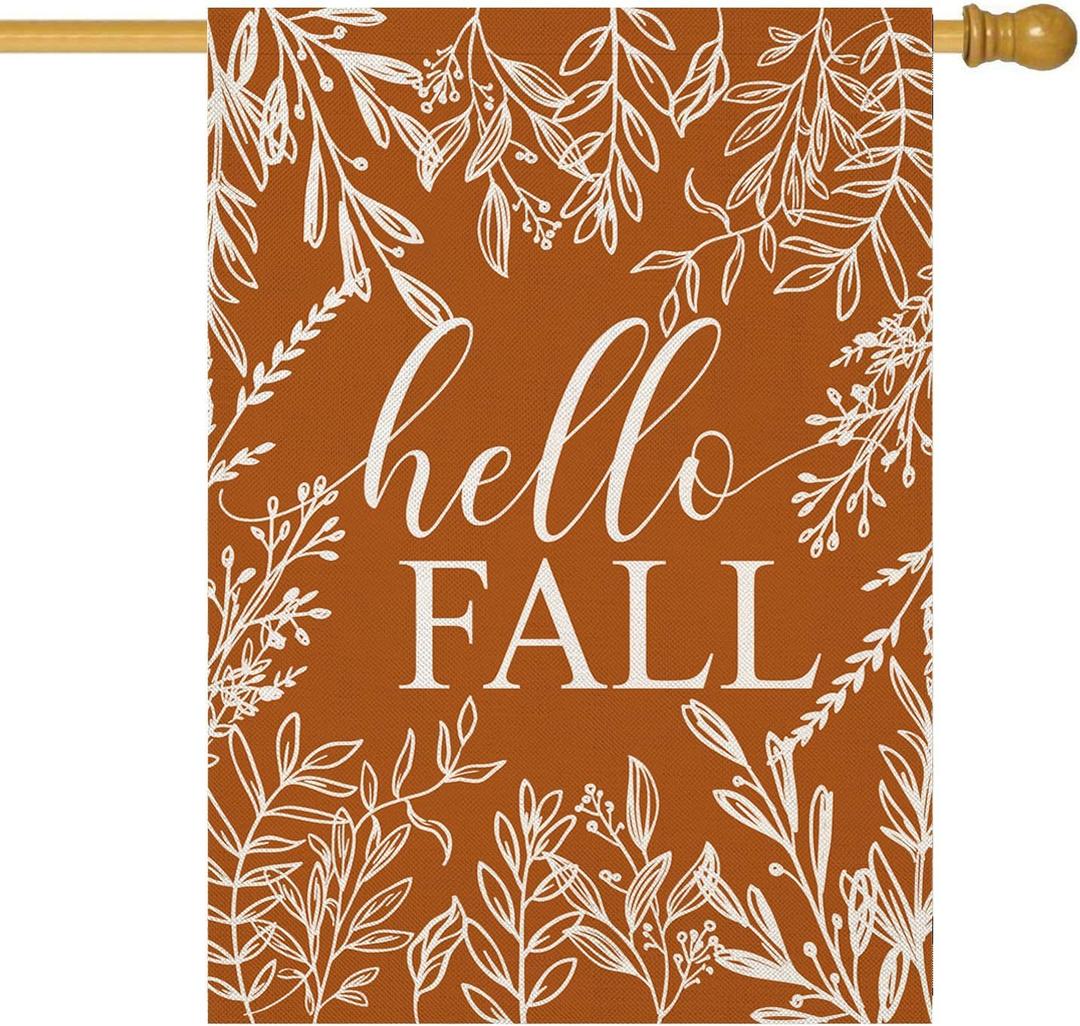 Thanksgiving House Flags for Outdoor Decoration, Hello Fall Maple Leaves Large Yard Flag, Decorative Autumn Seasonal Farmhouse Holiday Outside Decor 28x40 Inch Vertical Double Sided