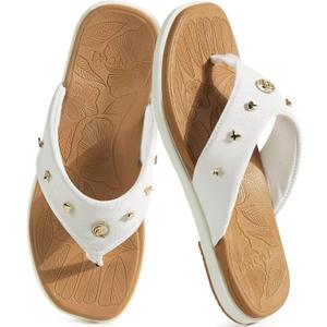 ONCAI Women's Flat Flip Flops Size 10 Summer Trendy Dressy Beach Cute Pool Vacation Essentials Sandals Studded Faux Leather White/Khaki Walking Rivet Sandalias with Waterproof Outdoor Rubber Sole