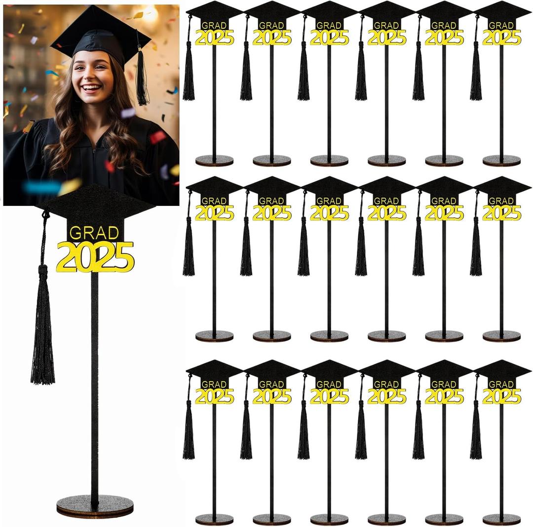 24 Pcs Graduation Cap Picture Holder Wooden Table Holders Wire Photo Holder Clips Picture Memo Note Photo Stand Black Gold Graduation Centerpieces for Tables Party Favors Supplies