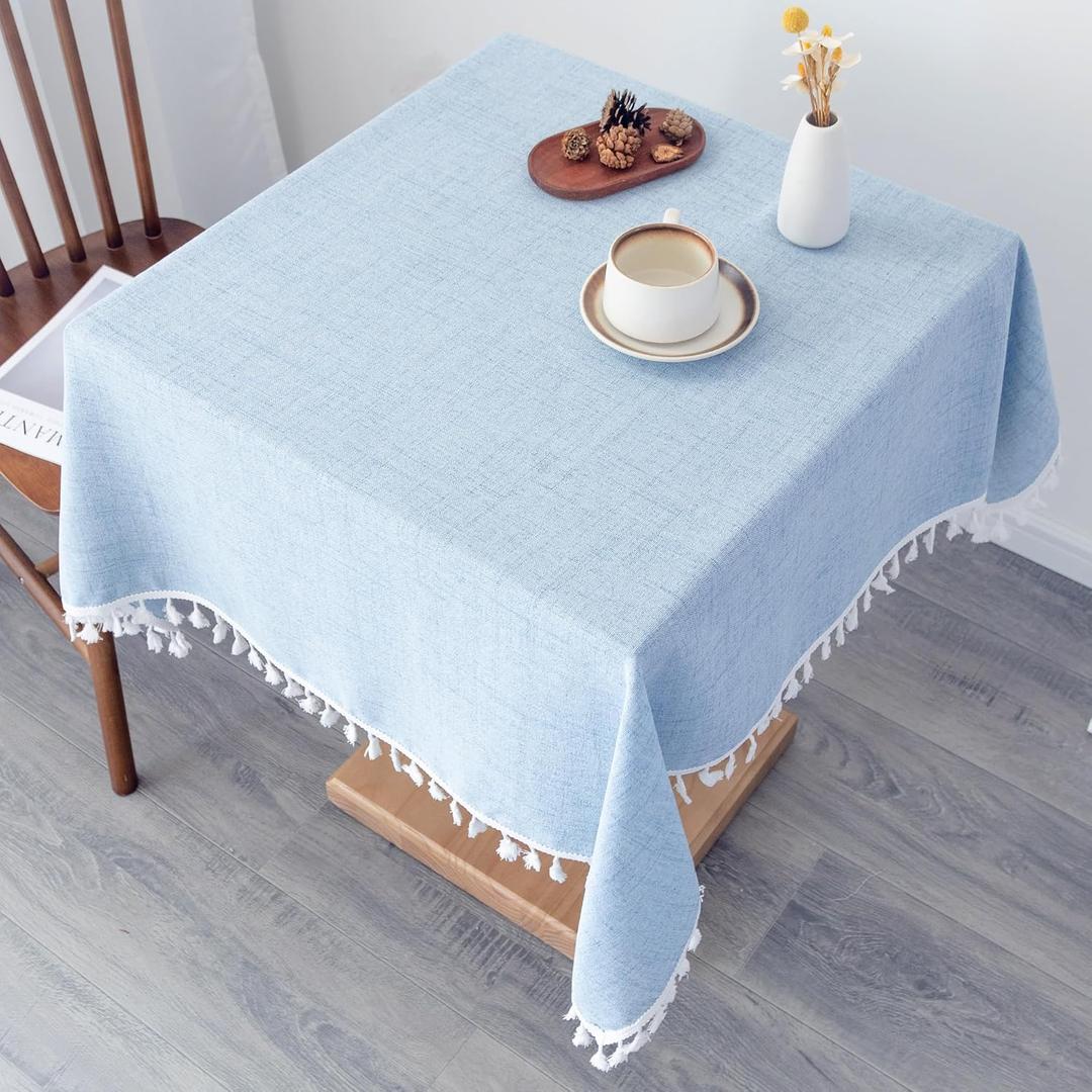Linen Square Tablecloth 52 x 52 Inch Light Blue Washable Wrinkle Resistant Table Cloths with Tassels Farmhouse Decorative Burlap Fabric Table Cover for Wedding Camping Party Holiday