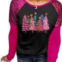 Leopard Christmas Trees Snowflake Sequined Splicing Blouse T Shirts for Women Xmas Vacation Casual Long Sleeve Tees Tops (Small, Black/Pink-3)