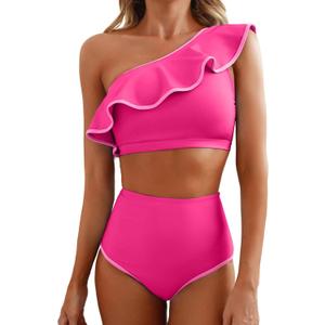 Herseas Women's One Shoulder Bikini Sets Color Block Trim Ruffle Hem Swimsuits Elegant Bathing Suits (Pink, M)