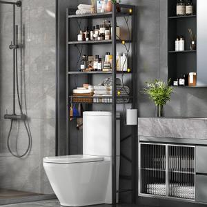 Salakita Over-The-Toilet Storage Rack, 4-Tier Bathroom Organizer Shelf Over Toilet with Adjustable Shelf and Basket, Freestanding Space Saver Bathroom Shelves Above Toilet for Room (Oak Gray)