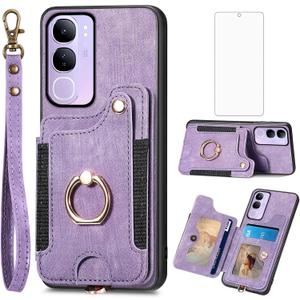 Asuwish Phone Case for Vivo V40 Lite/V30E Wallet Cover with Wrist Strap Lanyard RFID Credit Card Holder Ring Stand Cell Accessories V 40 V 30E Women Men Purple