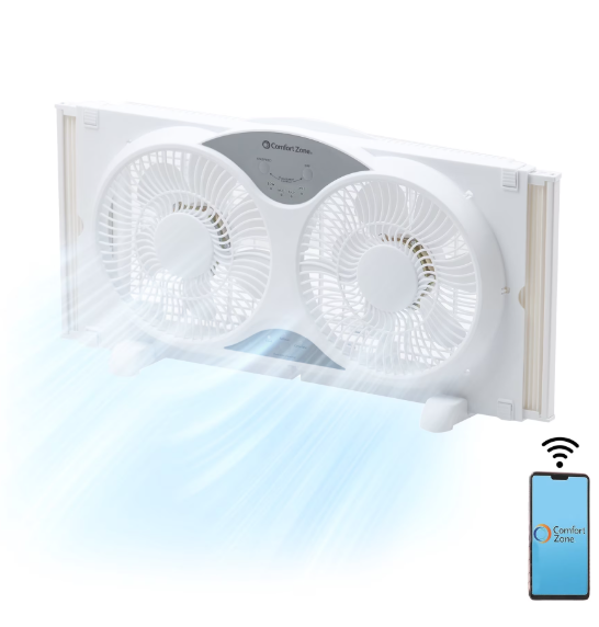 Comfort Zone Smart Wi-Fi Reversible Twin Window Fan with Cover and Bug Screen 