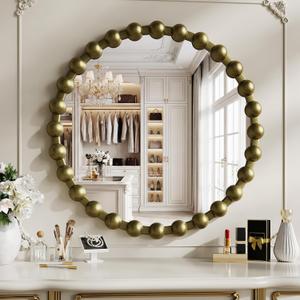 Round Vintage Vanity Mirror, 24 Inch Beaded Frame Circle Wall Mirror for Bathroom, Bedroom Dresser, Entryway, Living Room, Decorative Hanging Wall Mirror, Bronze
