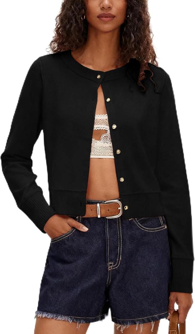 LTSCNRM Women's Lightweight Ribbed Soft Knit Round Neck Cardigan Sweater Classic Open Front Jacket with Buttons Casual (Large, Black)