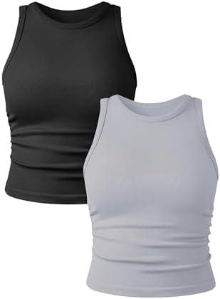 YIOIOIO Women's 2 Pieces Basic Seamless Tank Tops Sleeveless Crew Neck Workout Exercise Crop Camis L