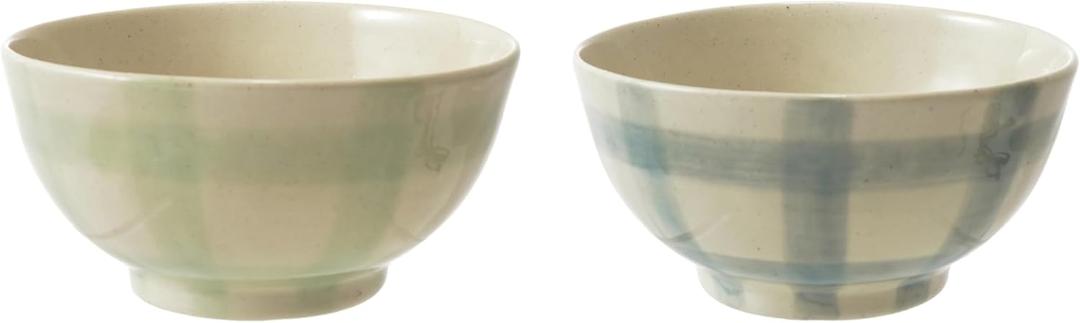 Creative Co-Op 2-Piece Hand-Painted Stoneware Bowl Set with Grid Pattern, White