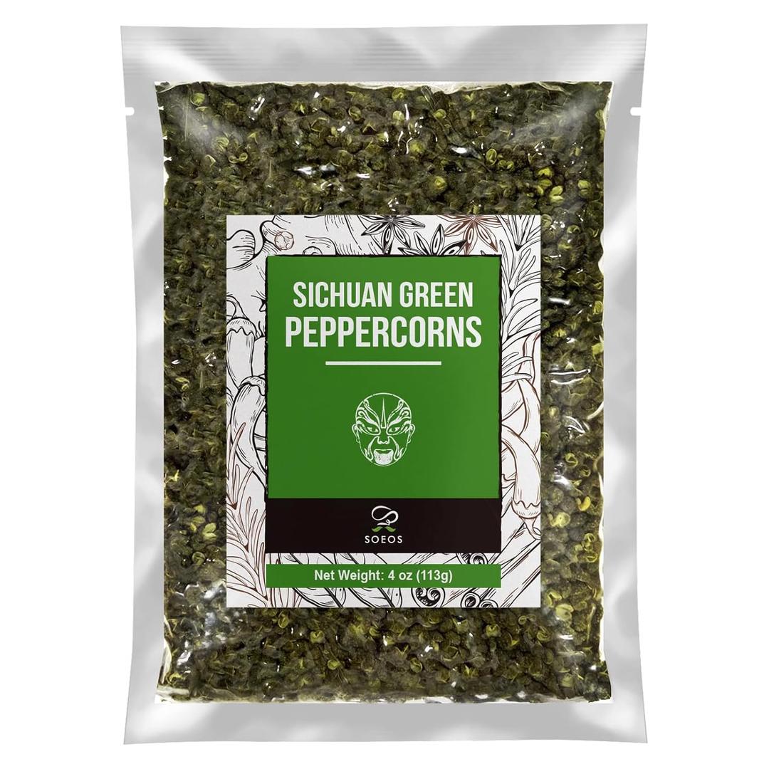2 x Soeos Green Peppercorns, 4oz(113g), Authentic Sichuan Green Peppercorns, Numbing and Tingle Effect, Less Seeds, Strong Flavor, Essential for Mapo Tofu, Kung Pao Chicken and Asine Cusine