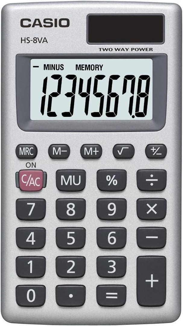 Casio HS-8VA Mini 6-Function Calculator | Large 8-Digit LCD Display | Solar Powered with Battery Backup | Standard Function | Portable Pocket Size (1 Count (Pack of 1))