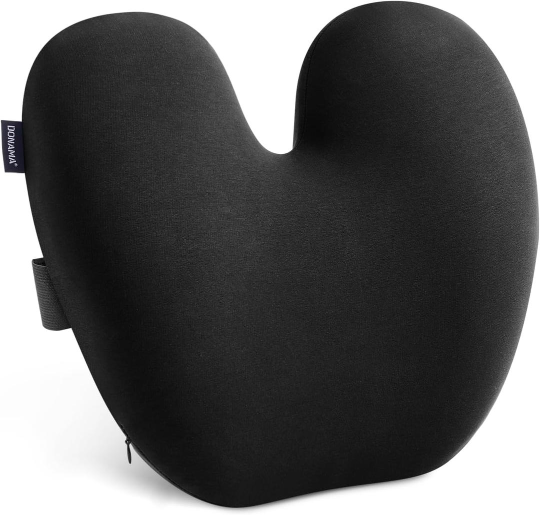 DONAMA Ergonomic Lumbar Pillow for Back Support - High-Density Memory Foam Cushion for Pain Relief - Lumbar Support Cushion w/Strap for Office Chair, Car, Home, and Travel (Dark Black)