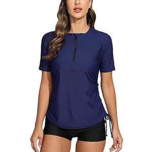 Halcurt Women's Half Zip Short Sleeve Rash Guard Swimsuit Top Ruched Swim Shirt UPF50+ Quick Dry Bathing Suit, L