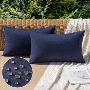 MIULEE Pack of 2 Decorative Outdoor Solid Waterproof Throw Pillow Covers Faux Linen Garden Farmhouse Cushion Cases for Summer Patio Tent Balcony Couch Sofa 20x12 Inch Navy