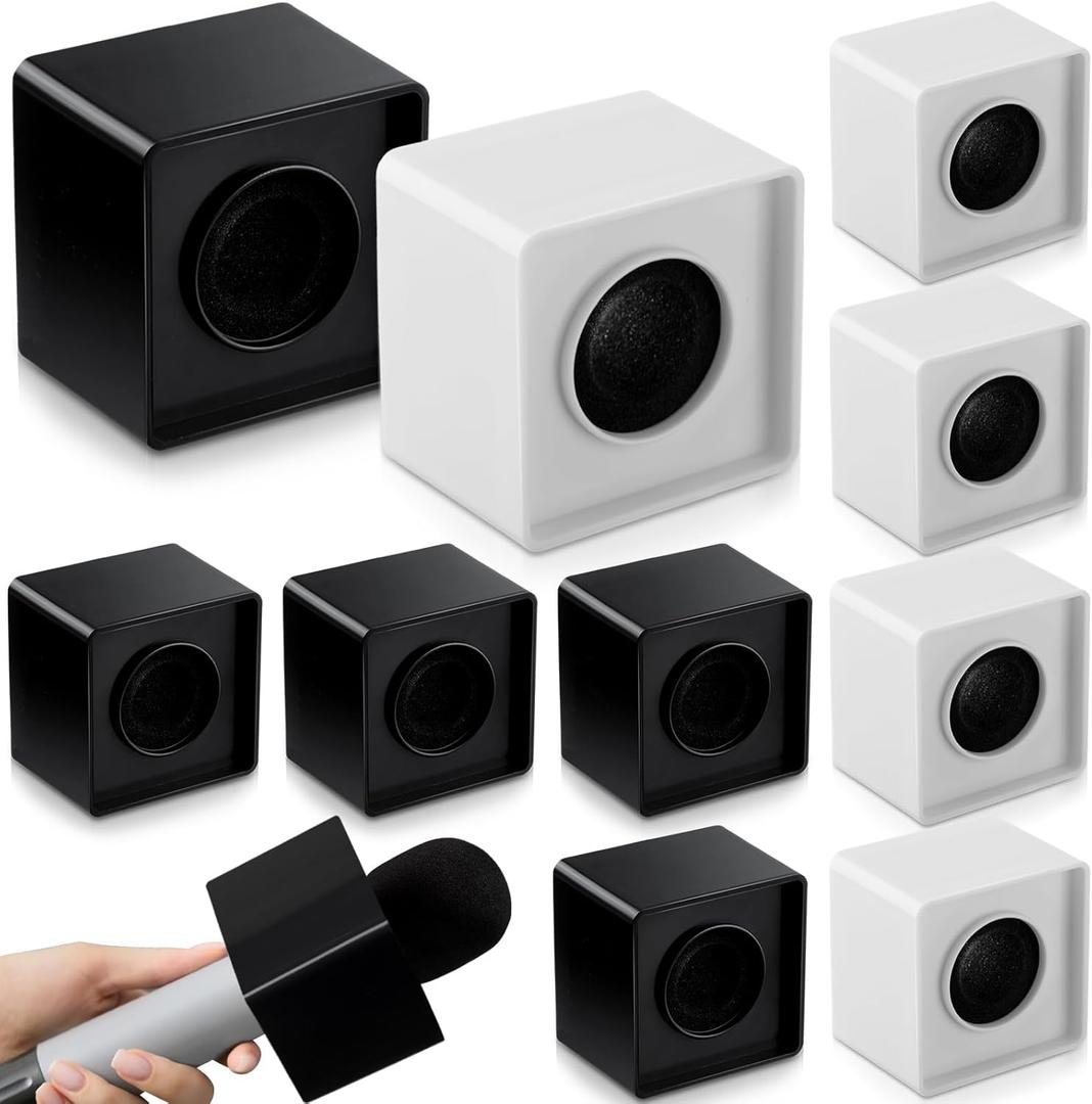 10 Pcs Microphone Flag Station Portable Square Cube ABS Foam Mic Flag Logo Studio Equipment Microphone Accessories for Reporter Host Interview (White, Black)