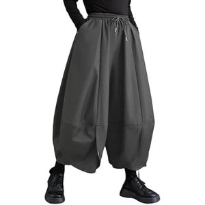 ellazhu Women's Puffy Drawstring Elastic Waist Drop Crotch Hakama Harem Wide Leg Pants GZ81 A, Medium