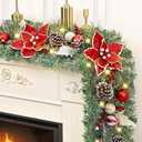 Christmas Garland with Lights, 6 FT Christmas Garland for Mantle, Realistic Flocked Garland with Poinsettia Flowers Balls Pinecones Berries for Mantle Table Door Stairs Railing Christmas Decor (1 Pack)