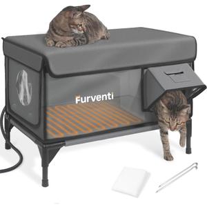 Outdoor Heated Cat House in Winter,Extremely Insulated & Weatherproof,Elevated Feral Cat Shelter with Waterproof Eaves & Escape Door for Outside Stray Barn Cat (Dark Grey, L with Cam.)