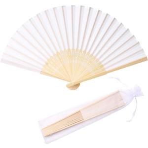 50pcs Imitated Silk Hand Fan Silk Fabric Bamboo Frame Handheld Folding Fan Bridal Dancing Props Church Wedding Party Favors with Organza Bags (White)