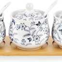 fanquare Blue and White Floral Ceramic Sugar Bowl with Lid, Spoon and Tray, Coffee Sugar Canister Set of 3, Seasoning Box Salt Bowl for Kitchen, 9.5 Ounces