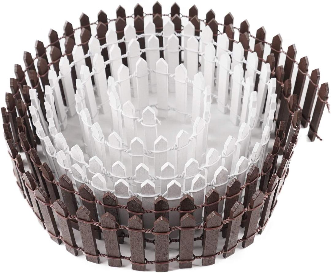 Miniature Wood Picket Fence - 2 Pcs DIY Brown and White Fence with Gate, 40 Inch Long for Fairy or Dollhouse Garden