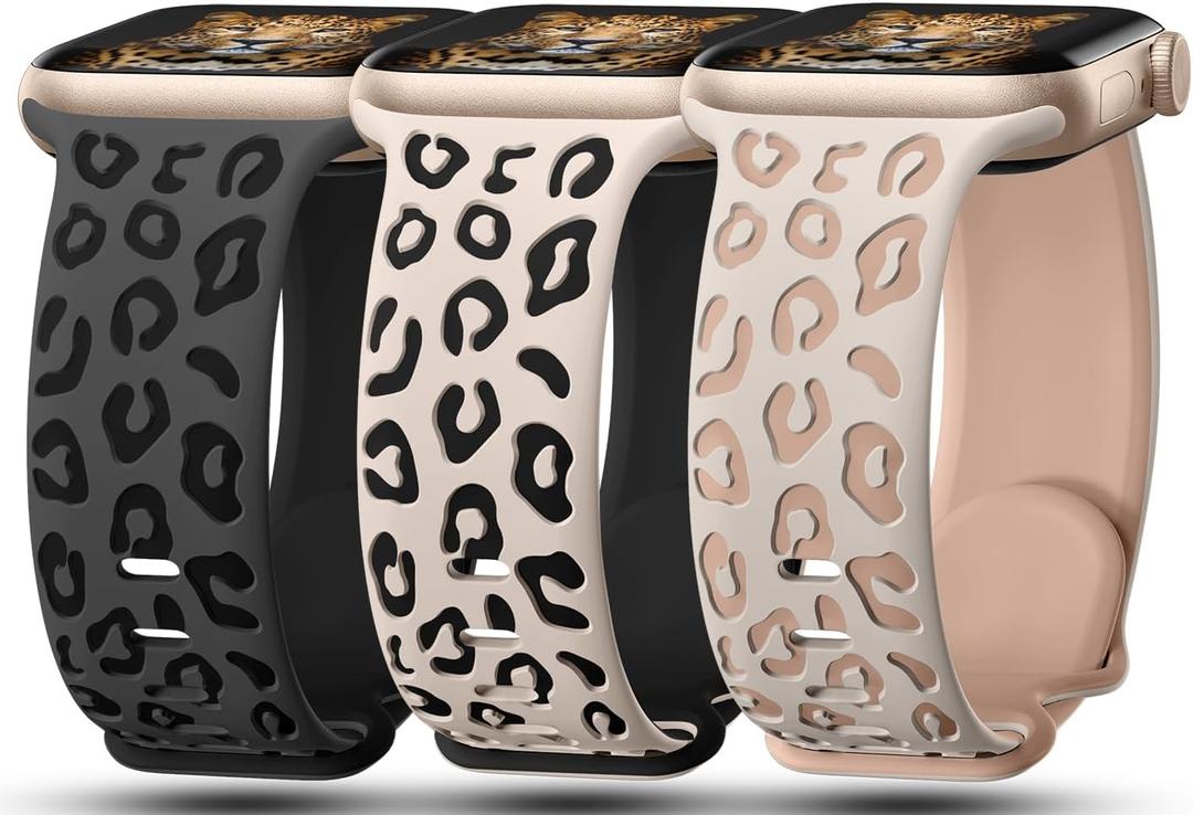 3 Pack Leopard Engraved Bands Compatible with Apple Watch Band 41mm 40mm 38mm 42mm 44mm 45mm 46mm 49mm Women, Soft Silicone Cheetah Embossed Sport Strap for iWatch Series 10 9 8 7 6 5 4 3 2 1 Ultra (DGrey & Black, Starlight & Black, Starlight & Nude Tan)