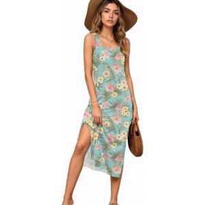 Women's Summer Midi Dress 2025 Sleeveless Floral Print Split Casual Bodycon Long Beach Sundress Travel Vacation Outfits (XXL)