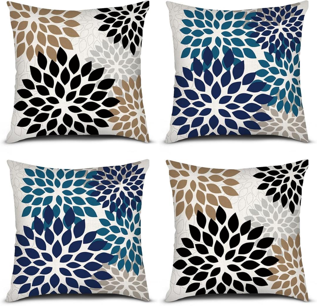 PICKFORU Blue Brown Throw Pillow Covers 18x18 Inch, Set of 4 Flower Dahlia Geometric Patterns Pillow Covers Modern Floral Pillowcases for Home Decor