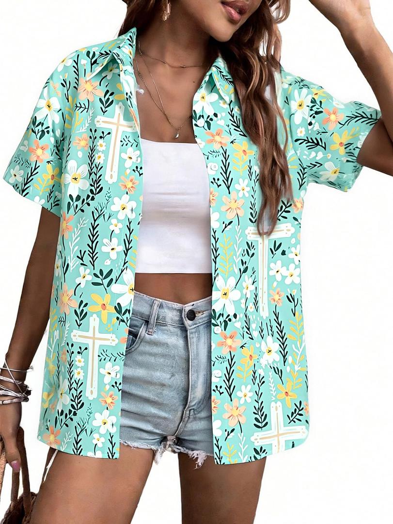 Easter Shirts for Women Happy Easter Hawaiian Shirt Funny Bunny Button Down T-Shirt Rabbit Graphic Tee Tops Green