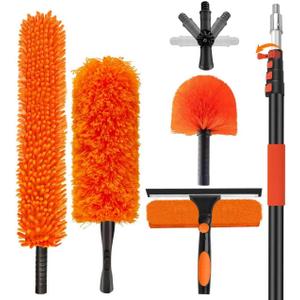 26FT High Reach Duster with Extension Pole 5-20FT, 4-in-1 Cleaning Kit with Universal Swivel Joint | High Ceiling Fan Cleaner, Cobweb Duster & Window Squeegee for Safe High-Reach Cleaning