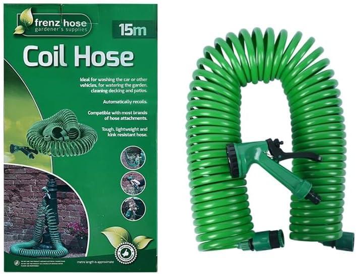 3/8" Lightweight Coil Garden Hose 50 FT, EVA Flexible Curly Water Pipes with 5-Pattern Spray Nozzle for Boat, Greenhouse, Yard, Patio, Green (50 FT(15M))