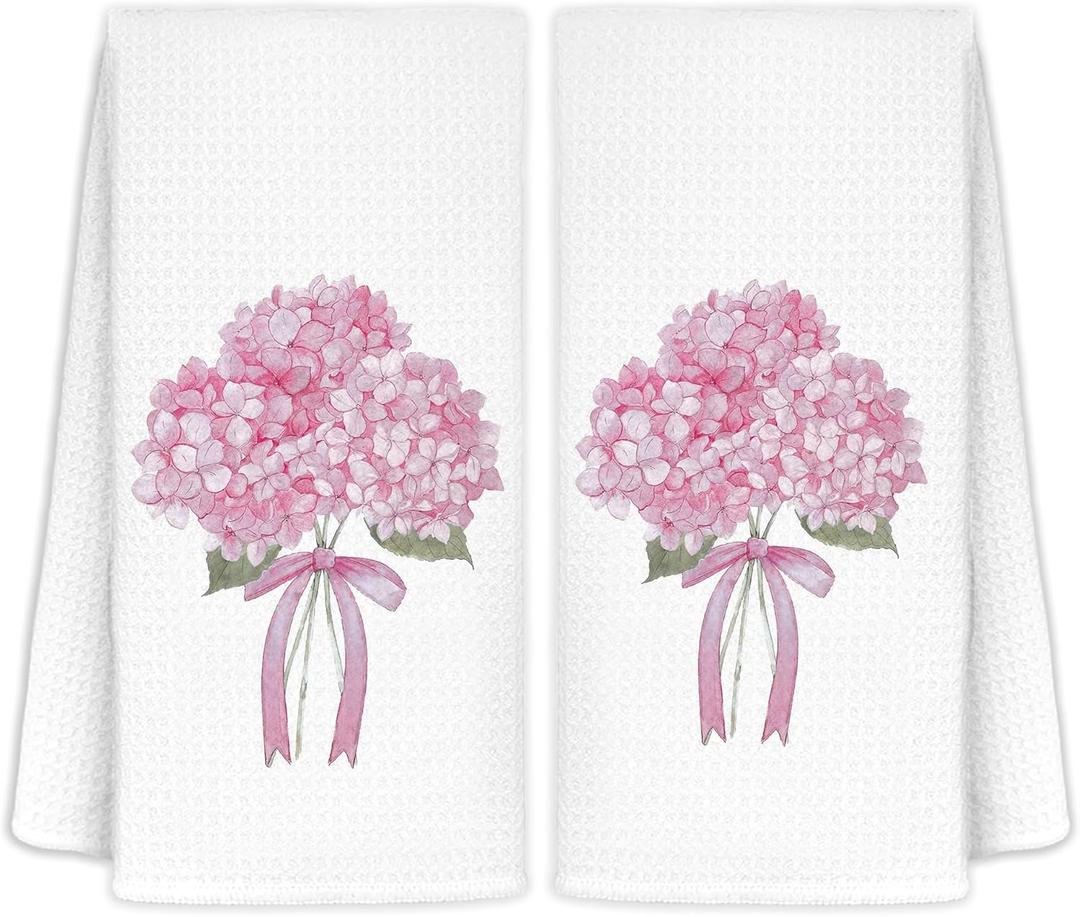 CIOJUNE Coquette Pink Hydrangea Floral Hand Towels for Bathroom Spa Gym, Preppy Aesthetic Floral Kitchen Towels, Rustic Hydrangea Flower Dish Tea Towels for Kitchen Decor, 16x24 Inch Set of 2